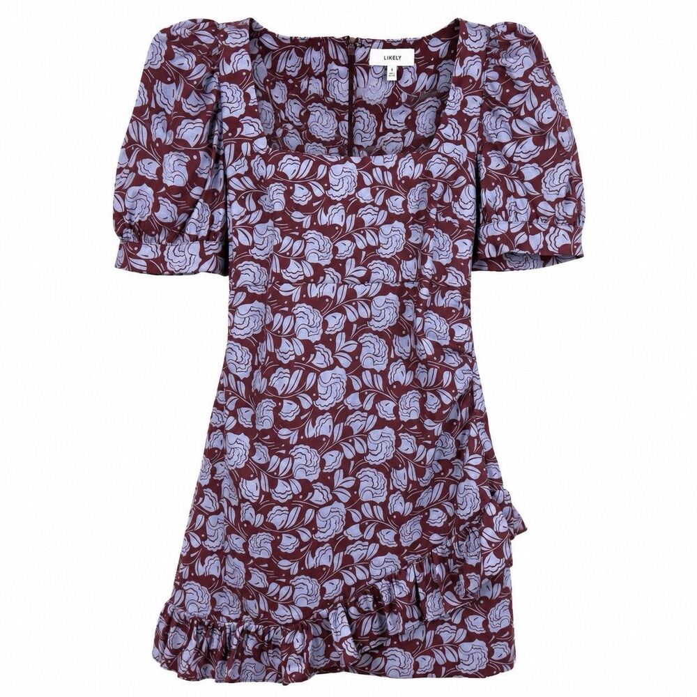 LIKELY Burgundy Floral Puff Sleeve Mini Dress Size 10 Burgundy Romantic Cottage